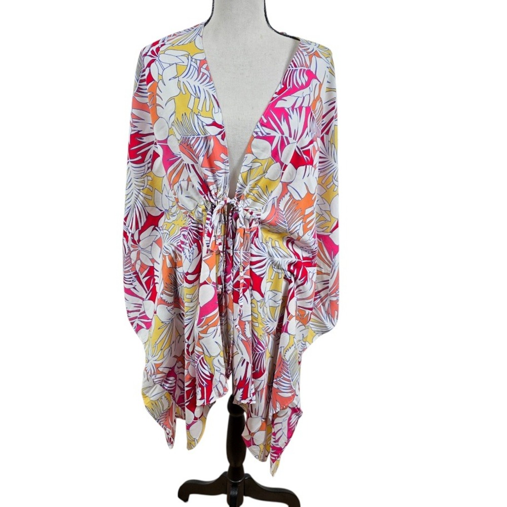 Lands End Swim Cover Up Women One Size Pink Yellow Tropical Leaf Viscose Kaftan